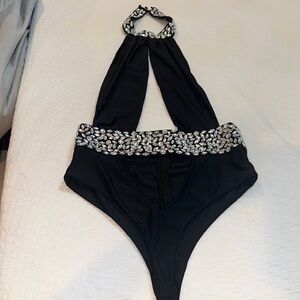Black Halter Swimsuit with Silver bling Accents stones around waist and neck